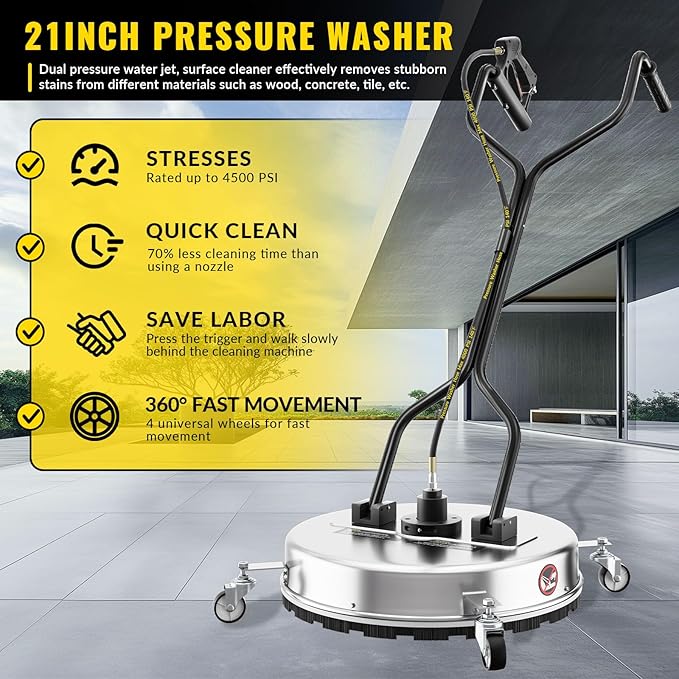 Doniks 21Inch Pressure Washer Surface Cleaner with 4 Wheels,Dual Handle,Stainless Steel Housing,4500 PSI Power Washer Accessory for Concrete, Patio, Sidewalk, Deck, Driveways and Daily Washing