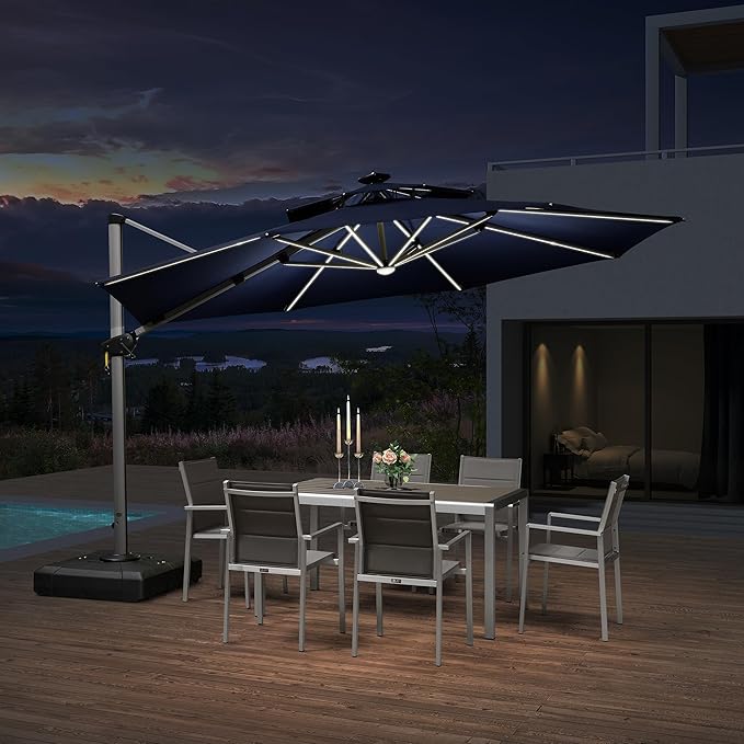 PURPLE LEAF 12ft Solar powered LED Patio Umbrella Outdoor Round Umbrella Large Cantilever Umbrellas with LED lights Windproof Offset Umbrellas Sun Umbrella for Garden Deck Pool Patio, Navy Blue