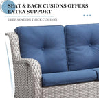 6 Pieces Patio Furniture Set with Fire Pit Table, Wicker Rattan Outdoor Furniture Set with Loveseat and Swivel Chairs for Yard, Deck, Garden, Light Beige Wicker/Blue Cushion