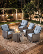 Outdoor Patio Swivel Gliders with Fire Pit Table 5 Piece Set - High Back Brown Wicker Rattan Rocking Chair with Thick Cushion for Porch Apartment Deck Yard Poolside Garden - Baby Blue