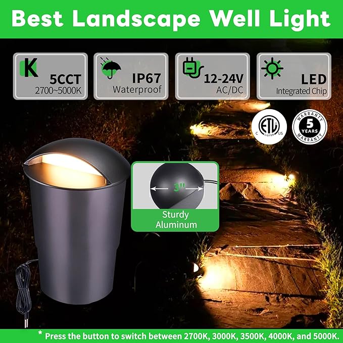 In Ground Landscape Lighting Low Voltage - 2700K-5000K 5 Color Selectable LED IP67 Well Lights, Turret Top 12V Outdoor in-Grade Light, ORB Aluminum for Driveway Garden Lawn 3W 170LM 4 Pack