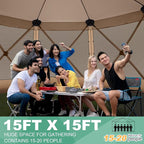 COBIZI 15x15ft Extra Large Pop Up Gazebo Canopy Tent with Mosquito Netting, Spacious Easy Set-Up Screened Shelter, Durable Outdoor Pavilion with Ground Stakes, Perfect for Patio, Backyard, Khaki
