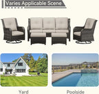 5 Pieces Outdoor Patio Furniture Set - Conversation Set Includes Wicker Swivel Rocker Chairs Set of 2, 2 Ottoman, 3 Seat Sofa, Suitable for Porch, Yard, Mixed Brown Rattan, Beige
