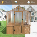 Wooden Greenhouse 6x10 FT, Walk-in Greenhouse for Outdoors with 6MM Thick Polycarbonate Panel and Adjustable Roof Vents, Garden Backyard, Wood Colour