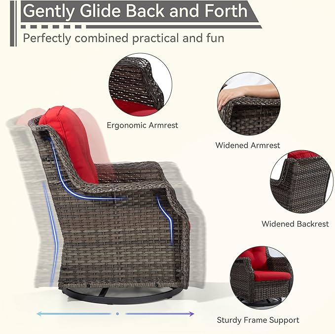 Swivel Patio Chair Outdoors - 360 Degree, Set of 2, Glider Chair with 3.5" Olefin Fabric Cushions (Mixed Grey Rattan/Red)