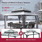 SUNJOY Kingston 14' x 12' Hardtop Gazebo with Galvanized Steel Double Roof, Curtain and Netting, Brown Aluminum Posts Permanent Pavilion Gazebo for Garden, Patio, Deck, Lawn