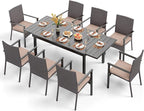 PHI VILLA 9 Piece Outdoor Dining Set for 8, Expandable Metal Dining Table & Cushioned Rattan Chairs for Patio, Deck, Yard