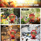 Blown Glass Hummingbird Feeders for Outdoors, 25 Ounces Wild Bird Nectar Feeder with Perch & 5 Flower Feeding Ports Leak Proof Hanging for Garden Backyard Decor, Gifts for Women Mom, Red