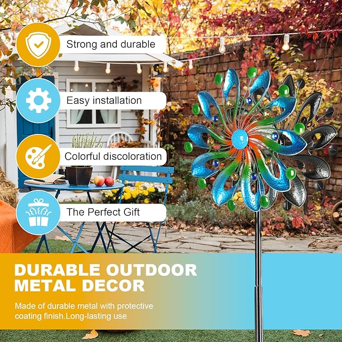 Wind Spinners for Yard and Garden - Wind Sculptures & Spinners, 75 Inch, Navy Blue, Kinetic Art with Solar Powered Multi-Color Glass Ball Light