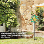 Flower Outdoor Metal Wind Spinner, Single-Layer Kinetic Garden Art with Vibrant Green Finish - Weatherproof Wind Sculpture for Lawn, Patio, Yard Decor - 10''W x 36''H
