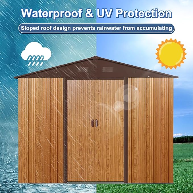 8x6 FT Outdoor Storage Shed,Metal Shed with Floor,Garden Shed W/ 4 Air Vents & Lockable Sliding Door,All Weather Waterproof Tool House W/Sloped Roof,for Backyard,Patio,Lawn,Coffee