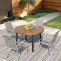5 Pieces Round Dining Table Set for 4, Patio Dining Set Includes 4 Grey Stackable Patio Chairs and 1 Walnut Round Table, Patio Furniture Sets with Sling Support for Outside, Garden
