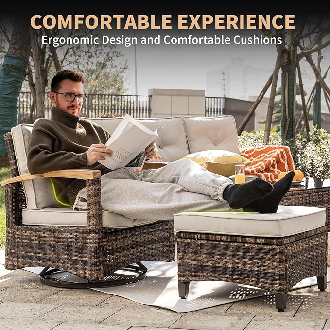 MEISSALIVVE 7 Pieces Patio Furniture Sets,PE Wicker Outdoor Furniture Conversation Sets with 2 Wood Armrests Swivel Rocker Chairs, 2 Ottoman, 3-seat Sofa and Coffee Table(Brown)