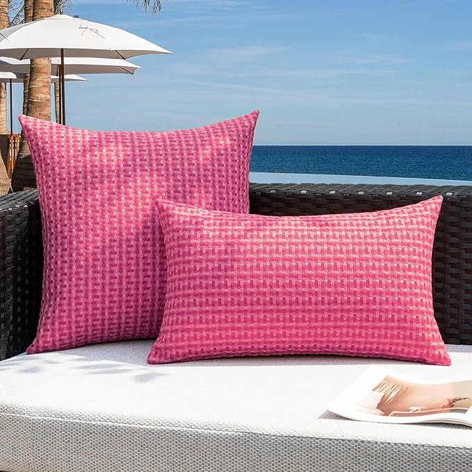 Kevin Textile Outdoor Waterproof Throw Pillow Covers Pack of 2 Farmhouse Decorative Cushion Covers for Garden Patio Tent Balcony Bench Couch Sofa 22x22 Inch, Hot Pink