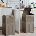 Devoko 33 Gallon Outdoor Trash Can with Dual Lid, Heavy Duty Waterproof Resin Garbage Bins Outside, Hideaway Waste Bins for Patio, Outside Pool, Backyard and Deck (2, Brown)