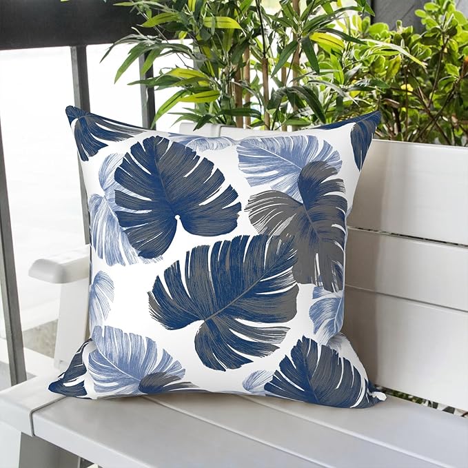LVTXIII Outdoor Throw Pillows, Decorative Throw Pillows with Inserts, 16"x16" Square Pillows for Bed, Couch, Sofa and Patio Furniture, Set of 2, Monstera Blue