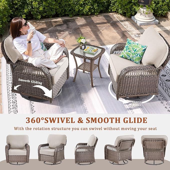 6 Pieces Patio Furniture Set Outdoor Sectional Sofa Couch with Rocking Swivel Chairs 5" Deep Seat Chairs, Modern Wicker Rattan Conversation Set, Beige/Brown Wicker