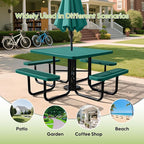 46Inch Square Picnic Table for 8 Person, Outdoor Heavy Duty Sturdy Picnic Tables with 4 Benches & Umbrella Hole, Commercial Metal Patio Picnic Table for Garden, BBQ, Coffee Store, Party, Porch (Green)
