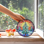 kdqua Christmas Tree Suncatcher Stained Glass Window Hanging, Winter Xmas Tree Sun Catchers Indoor Window Glass Round Wall Decor, Wall Art Hanging Decorations Statues, 7.9x7.9in