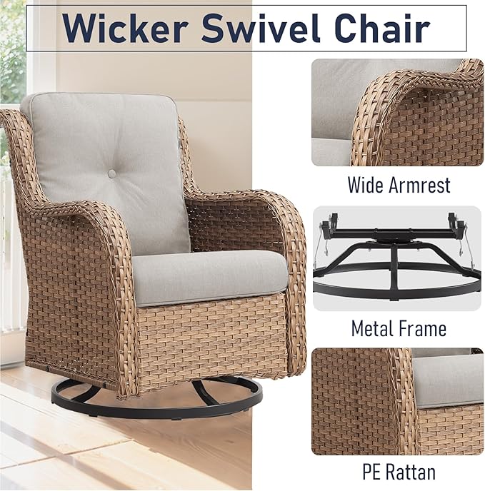 6 Pieces Patio Furniture Set with Fire Pit Table, Wicker Rattan Outdoor Furniture Set with Loveseat and Swivel Chairs for Yard, Deck, Garden, Yellow Wicker/Beige Cushion