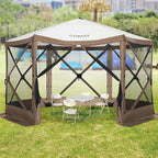 COBIZI 12x12ft Pop up Gazebo Screen Tent Screen House for Camping, Camping Outdoor Screened Gazebo with Mosquito Netting, Portable Hub Tent with Carrying Bag and Ground Stakes, Brown(Upgraded 2.0)