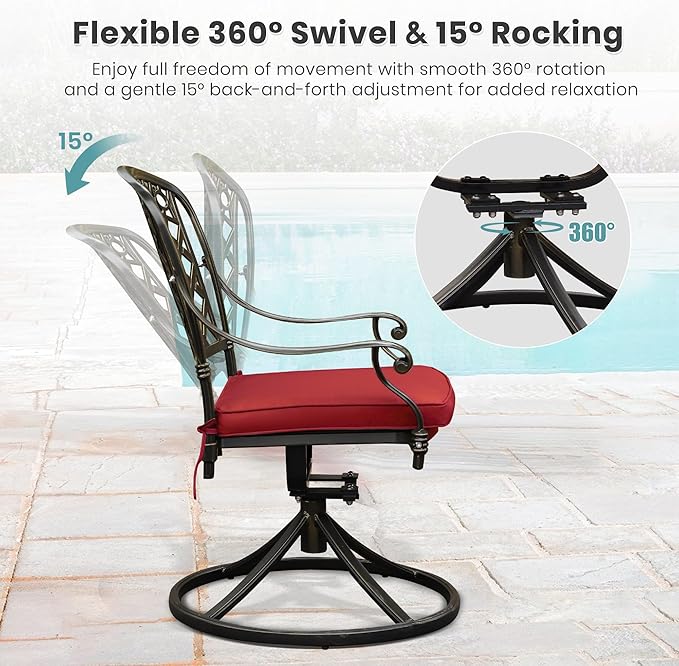 Set of 8 Cast Aluminum Patio Chairs with Cushions, All-Weather Aluminum Outdoor Swivel Chairs, Metal Outdoor Rocking Chairs for Backyard, Poolside and Bistro(Red, 8 Pieces)