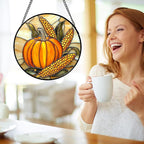 Stained Glass Window Hanging Autumn Harvest Pumpkin Corn 7.8" - Suncatcher Door Garden Kitchen Sunroom Sun Catcher Fall Home Decor Birthday for Mom Grandma Men Woman