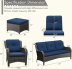 Patio Conversation Set 5-PCS Wicker Outdoor Furniture Conversation Set with 3-Seat Sofa, 2 Armchair, 2 Ottoman Patio Rattan Wicker Sectional Sofa Set with Olefin Cushion, Blue