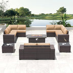Outdoor Patio Furniture Set with Propane Fire Pit Table, 13 Pieces Outdoor Furniture Patio Sectional Sofas Conversation Sets w/ETL Approved 43" Gas Outdoor Fire Table & Coffee Table (Brown).