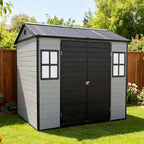 8x6ft Resin Outdoor Storage Shed with Floor and 2 Windows, Plastic Sheds & Outdoor Storage Clearance for Patio Furniture, GardenTools, Bike Accessories and Lawn Mower, Black+Grey