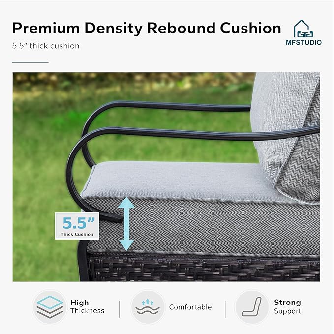 MFSTUDIO 5 Pieces Outdoor Patio Furniture Set, Metal Outdoor Conversation Sofa, Rattan Wicker Patio Sectional Sofa Set with 4 x Rocking Single Sofa, 1 x Fire Pit Table, Grey