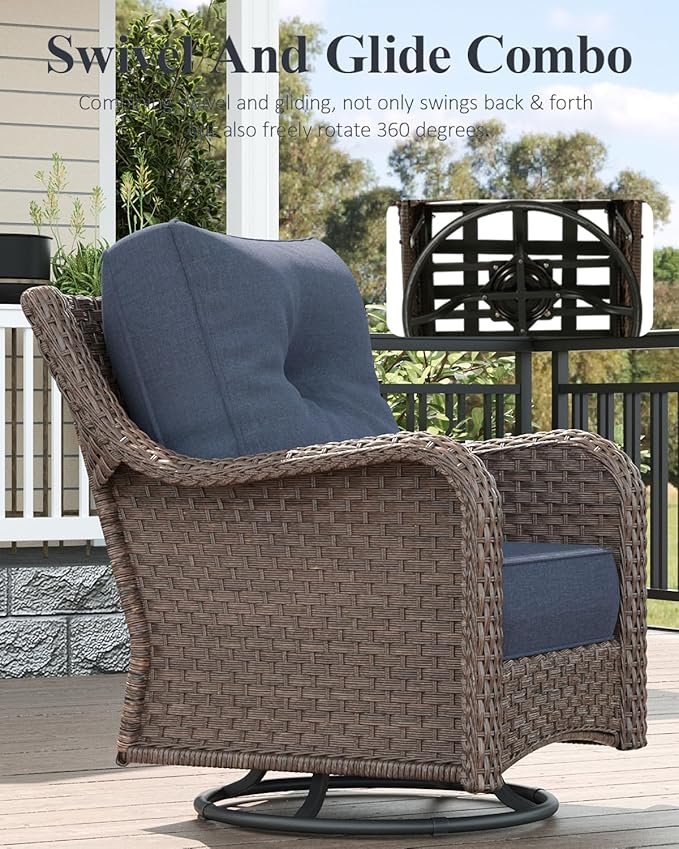LayinSun 8 Piece Wicker Outdoor Furniture Set with 6-inch Comfy Cushions, High Back Patio Furniture Set with Swivel Rocking Chairs and Fire Pit Table