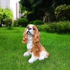 Sunny Cavalier King Charles Spaniel Solar Welcome Dog Statue, Hand-Painted Sitting Resin Puppy Figurine with Dual Signs and Lantern for Garden, Patio, and Front Porch Décor