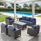 9 Piece Wicker Patio Furniture Set - Outdoor Swivel Rocker Chairs Set with Coffee Table, Rattan Chairs, 3 Seat Sofa & Ottomans, Patio Conversation Sets for Bcakyard Deck - Brown/Blue