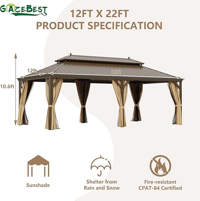 12'x22' Hardtop Gazebo Outdoor Aluminum Patio Gazebo Double Roof Galvanized Steel Canopy with Netting and Curtains,for Garden, Backyard,Deck and Lawns