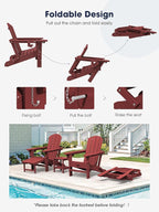 KINGYES Folding Adjustable Adirondack Chair with Retractable Ottoman Set of 6, HDPE All Weather Chair with Cup Holder - Versatile Adirondack Chair, Red