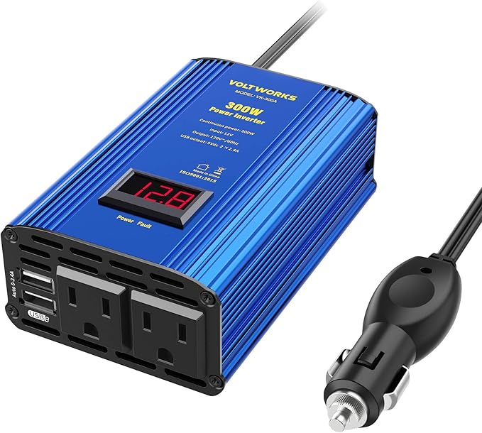 Power Inverter 300W Car Inverter DC 12V to 110V AC Converter with LED Display & 2x2.4A Dual USB Car Adapter Charger Compatible with Lithium Battery by VOLTWORKS