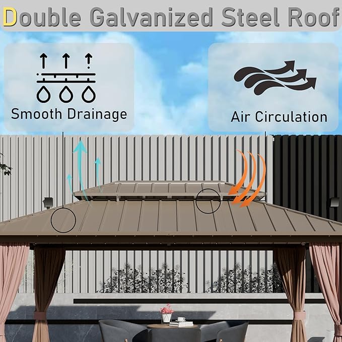 10'x14' Hardtop Gazebo, Outdoor Aluminum Frame Galvanized Steel Double Roof Pavilion with Netting and Shaded Curtains, Permanent Metal Pergolas for Patio, Backyard, Deck and Lawns.