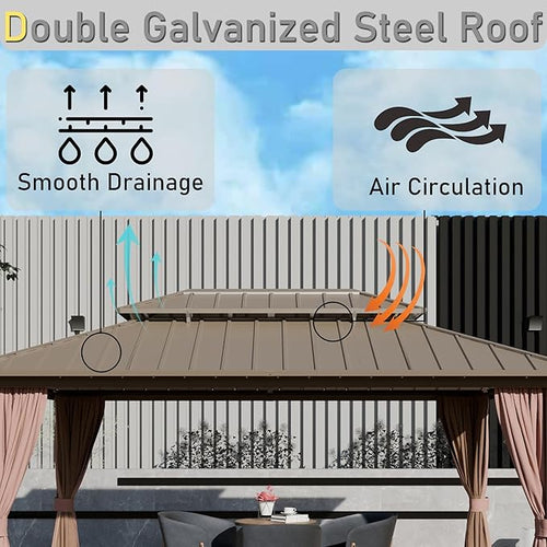 10'x14' Hardtop Gazebo, Outdoor Aluminum Frame Galvanized Steel Double Roof Pavilion with Netting and Shaded Curtains, Permanent Metal Pergolas for Patio, Backyard, Deck and Lawns.