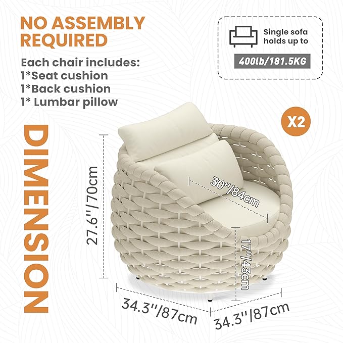 Patio Accent Chairs Set of 2: Aluminum Porch Lounge Chair with Arms - Woven Rope Cushioned Armchair - Modern One Seater Sofa - Outdoor Deck Furniture for 400lbs Balcony Yard Garden Hotel, Beige