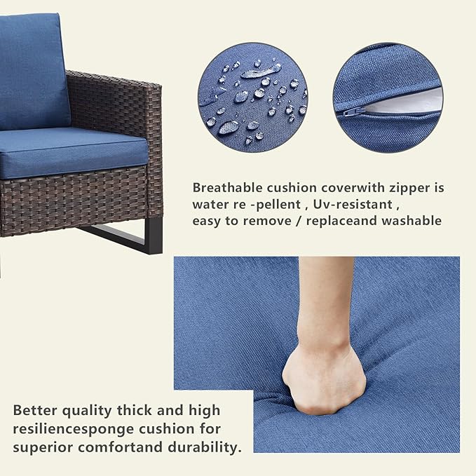 Rilyson Wicker Outdoor Patio Furniture Set - 7 Piece Patio Conversation Set with 4 Swivel Rocker Chairs,2 Rattan Ottoman and 1 Couch for Outside Porch Deck Backyard(Brown/Blue)