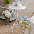 White Round Tabletop Plant Stand, French Vintage Metal Flower Pot Riser with Ornate Edge Detailing, Centerpiece Garden Decor