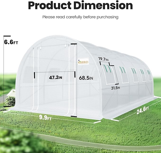 KING BIRD Premium 25x10x6.6FT Greenhouse for Outdoors, Large Walk-in Upgraded Galvanized Metal Frame, Mesh Door Screen Window Improved Zipper Tunnel Hoop for Garden Plant Winter, 2 Stiffeners, White