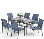 7 PCS Patio Dining Set for 6, Rectangular Metal Dining Table with Umbrella Hole and 6 Chairs, Outdoor Table and Chairs Set for Lawn Garden Backyard and Deck, Blue