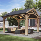 Aoxun 10' x 12' Outdoor Wood Gazebo, Hardtop Gazebo Permanent Wooden Pavilion with Galvanized Steel Gable Roof, for Patio, Garden, Backyard, Cedar Wood