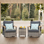 MEISSALIVVE 3 Piece Outdoor Swivel Rocker, Patio Furniture Bistro Set with 360° Wood Armrests Swivel Rocking Chairs and Side Table for Porch,Deck,Balcony(Grey)