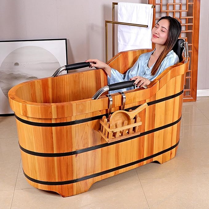 Wooden Hot Tub Bathroom Freestanding Soaking Non-Slip Bathtub Thickened Handrail Style Healthy Medicinal Bathtub For Both Adult And Child Family Members (Deluxe configuration with lid fumigation)