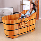 Wooden Hot Tub Bathroom Freestanding Soaking Non-Slip Bathtub Thickened Handrail Style Healthy Medicinal Bathtub For Both Adult And Child Family Members (Deluxe configuration with lid fumigation)