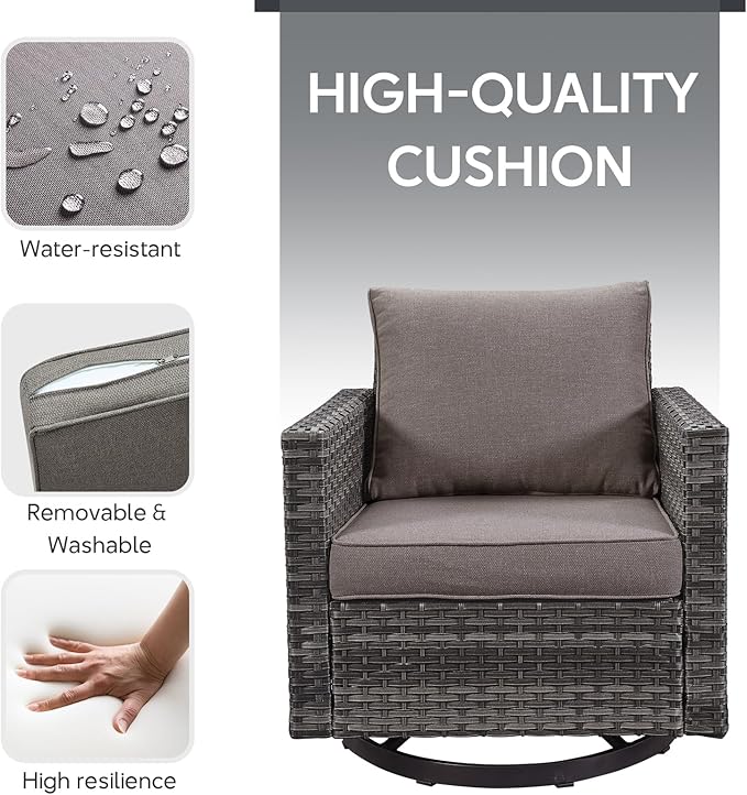 6 Piece Wicker Patio Furniture Set - Outdoor Swivel Rocker Chairs Set with Coffee Table, 3 Seat Sofa & Ottomans, Small Patio Conversation Sets Proch Furniture for Balcony Deck - Grey/Grey