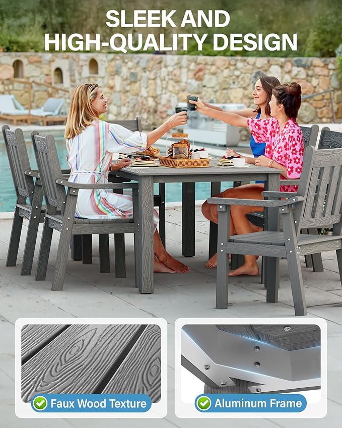 YEFU Outdoor Dining Table for 6: All Weather Rectangular Patio Table with Umbrella Hole and Aluminum Frame - Outdoor Furniture for Outside Backyard/Garden/Pool/Porch/Deck, 300lbs Capacity, Grey